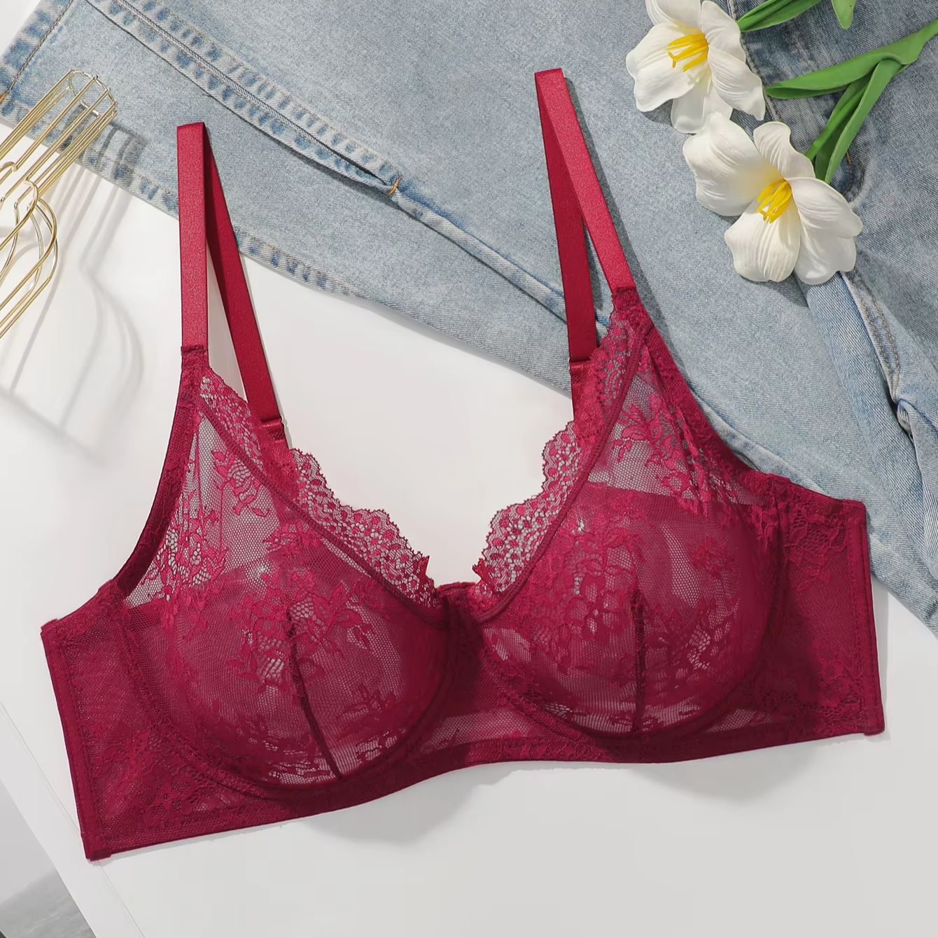 Women Plus Size Red Lace Sheer - огляд і ціна Sheer Bra Lace